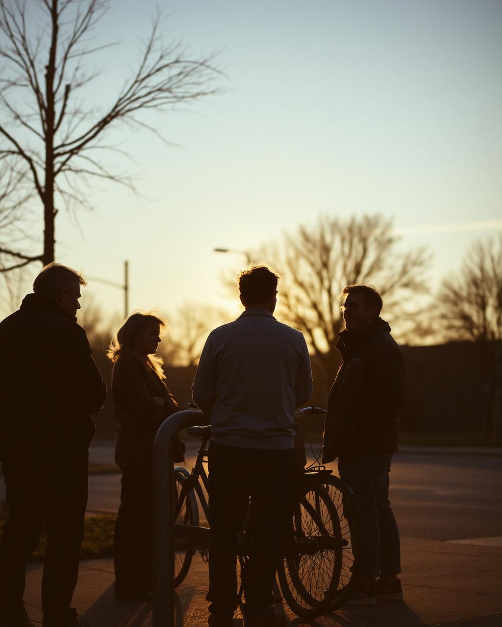 A small group of founders talking around a bike rack in early morning light